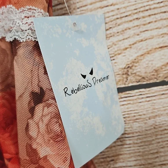 💟 NWT Rebellious Dreamer Brown Orange Floral Lace Mesh Babydoll Blouse Medium - Picture 9 of 9